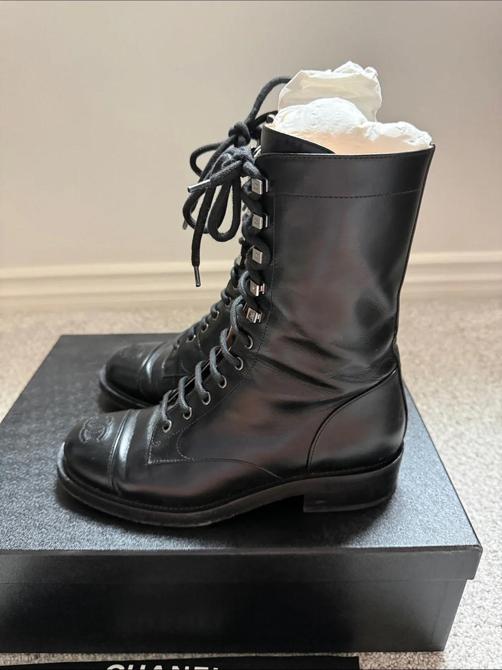 Chanel 19A Black Leather Lace Up Combat Boots 38.5